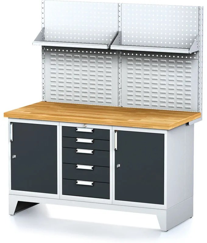 Alfa 3 Dielenský stôl MECHANIC I , perforovaný panel, polica, 2 skrinky a zásuvkový box na náradie, 5 zásuviek, 1500x685x880 mm, antracit