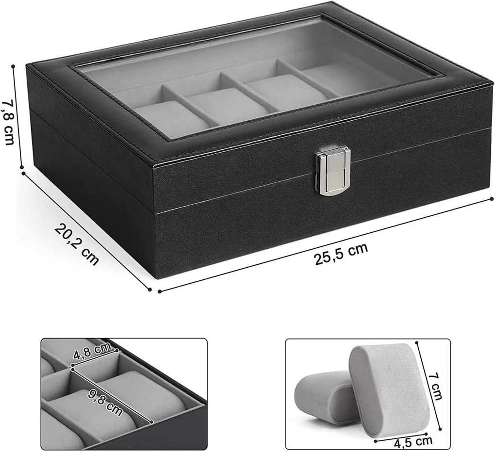 Box na hodinky Watch1, 25,5x7,8x20,2 cm, čierna/sivá