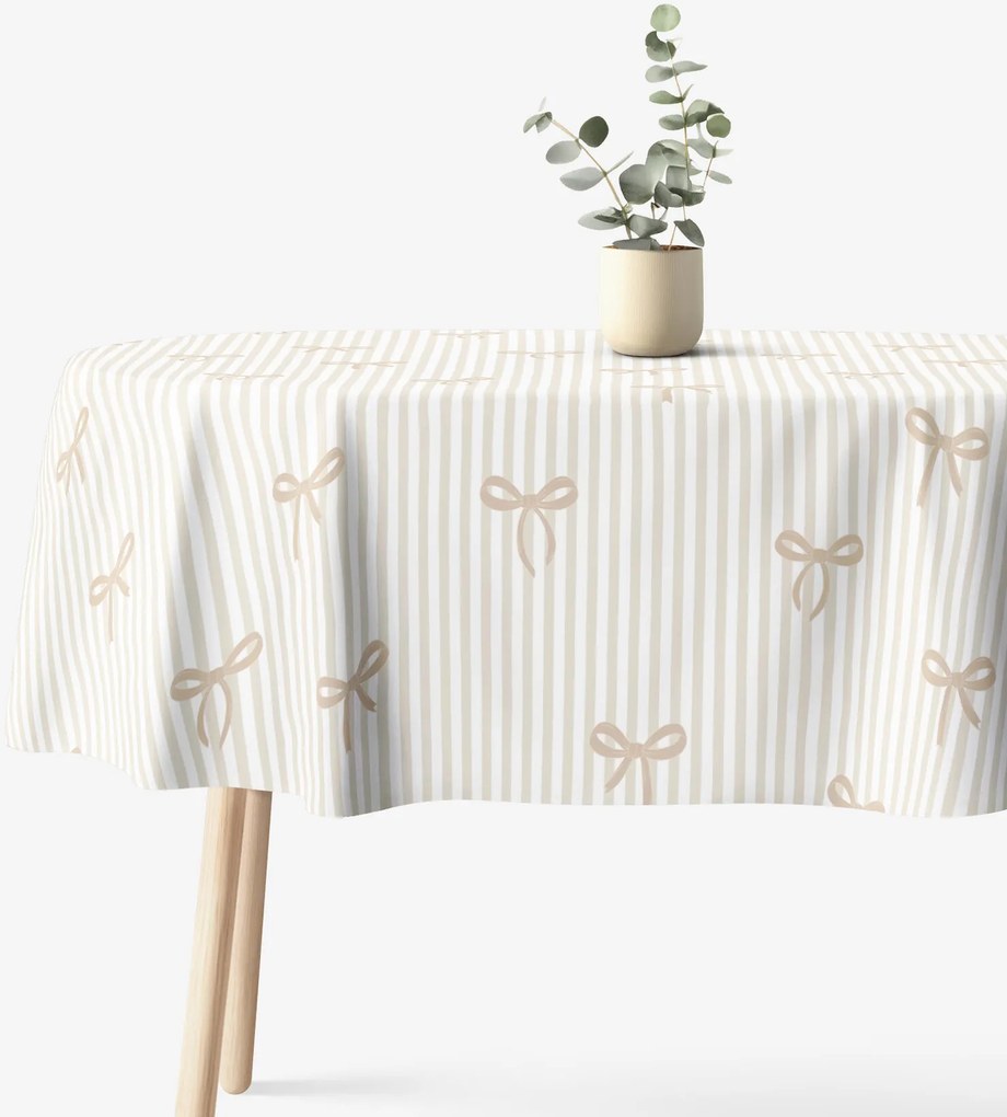 Goldea oválny obrus 100% bavlnené plátno - latte mašličky s prúžkami 140 x 280 cm