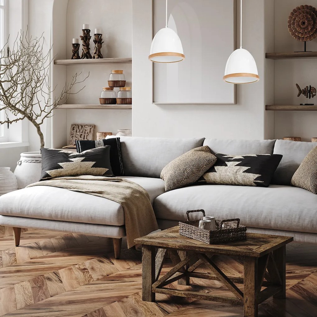 Závesné svietidlo Studio, 1x drevené/biele kovové tienidlo, (fi 21cm), w/br