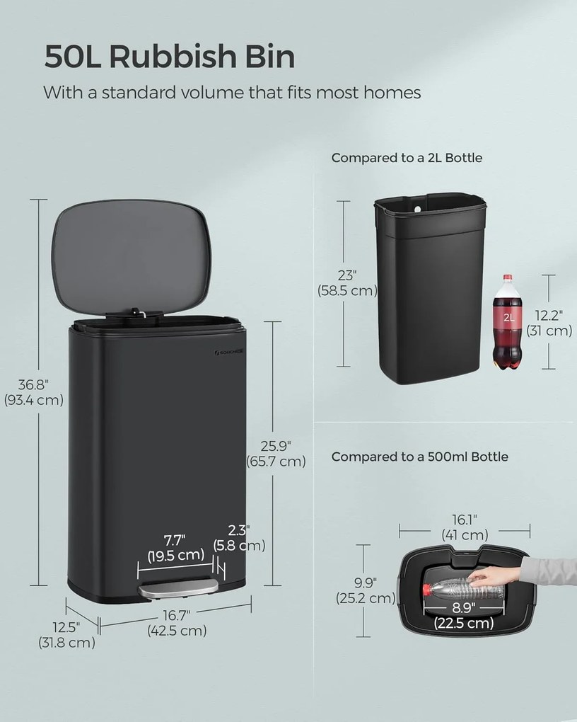 SONGMICS pedálový kuchynský odpadkový kôš, 50L, mäkké zatváranie, čierny