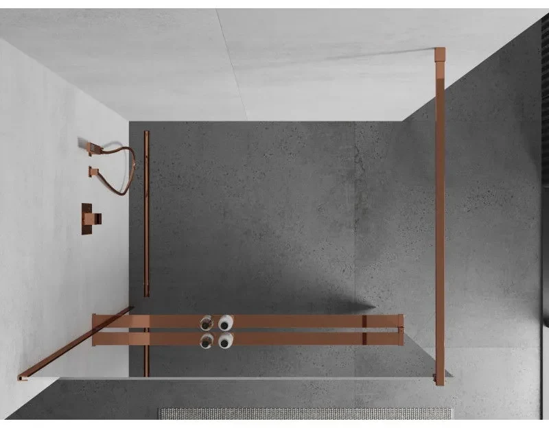 Mexen Kioto, sprchová zástena s poličkou a držiakom na uteráky 90 x 200 cm, 8mm sklo s efektom zrkadla, profil ružové zlato, 800-090-121-60-50