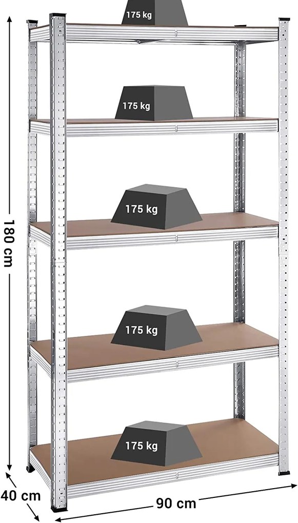 SONGMICS Regál s vysokou nosnosťou 180 x 90 x 40 cm strieborná