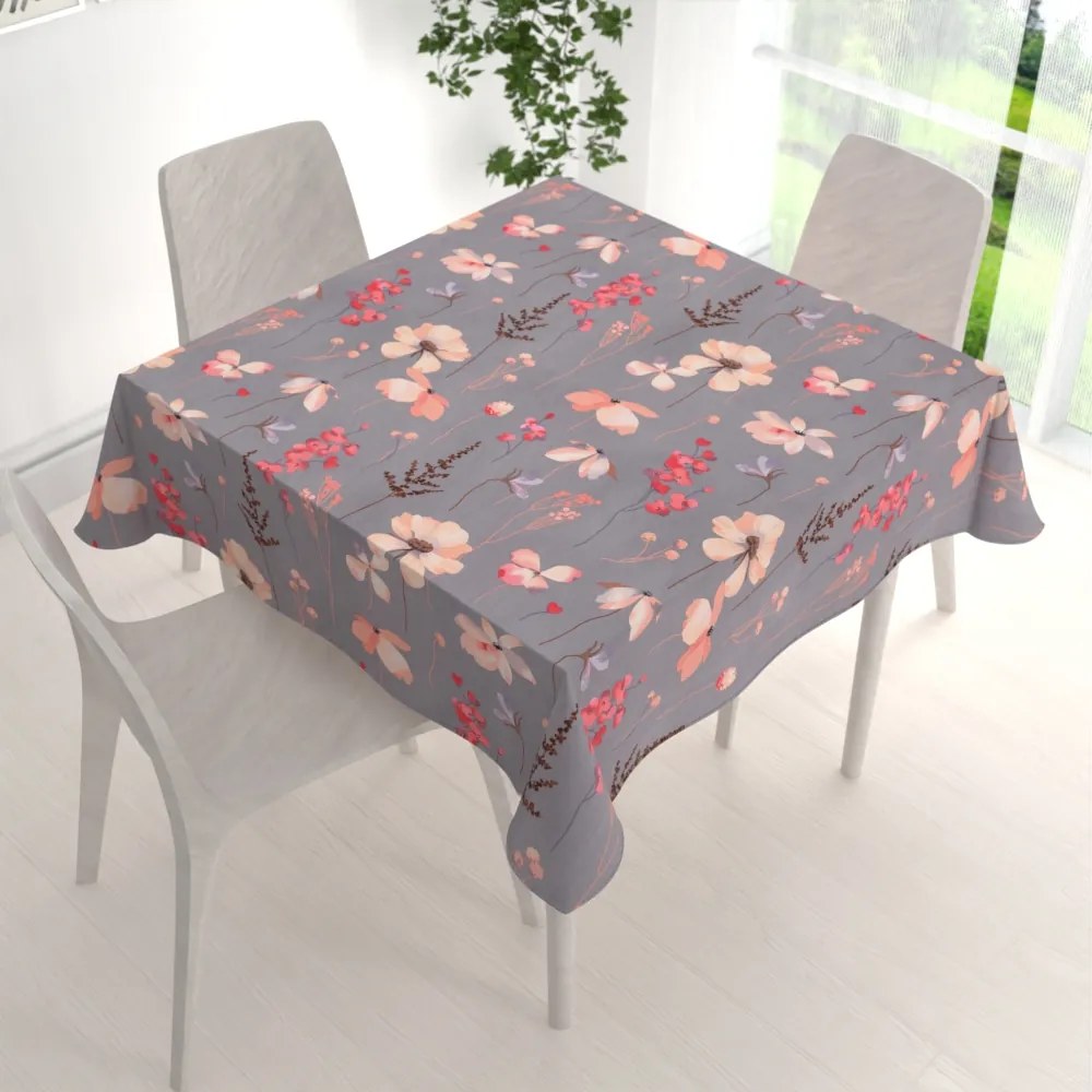 Biante Bavlnený štvorcový obrus Sandra SA-537 Ružové kvety na sivom 130x130 cm