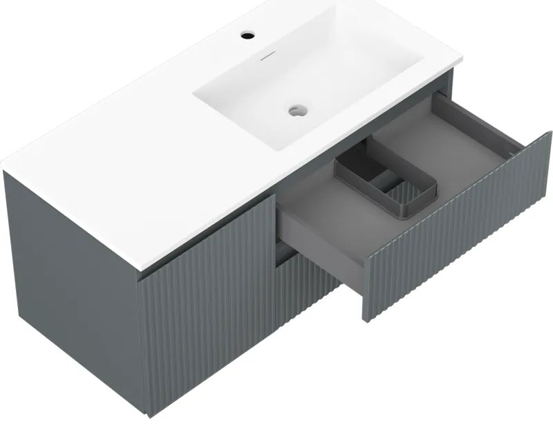 Mexen Rivel, kúpeľňová skrinka 100 cm s pravým umývadlom Otis, 2S, 1D, drážkovaná, grafitová/biela matná, 91A23-10047-3-BBFFF66-W18P01