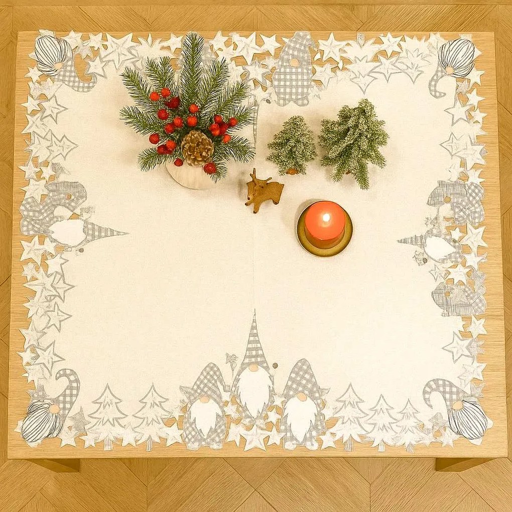 Vianočný vyšívaný obrus Škriatok sivý 85x85 cm TiaHome