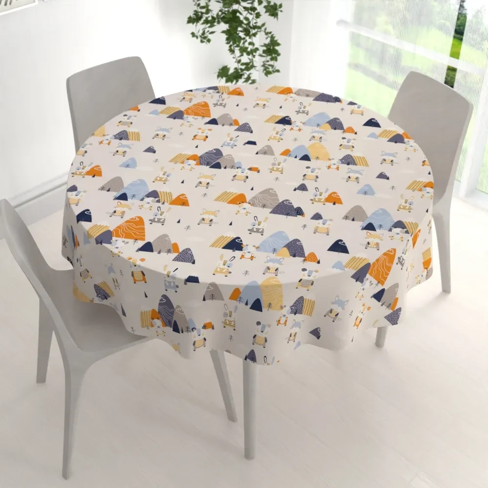 Biante Detský bavlnený okrúhly obrus Sandra SA-613 Modro-oranžové lesné zvieratká na bledo sivom Ø 130 cm