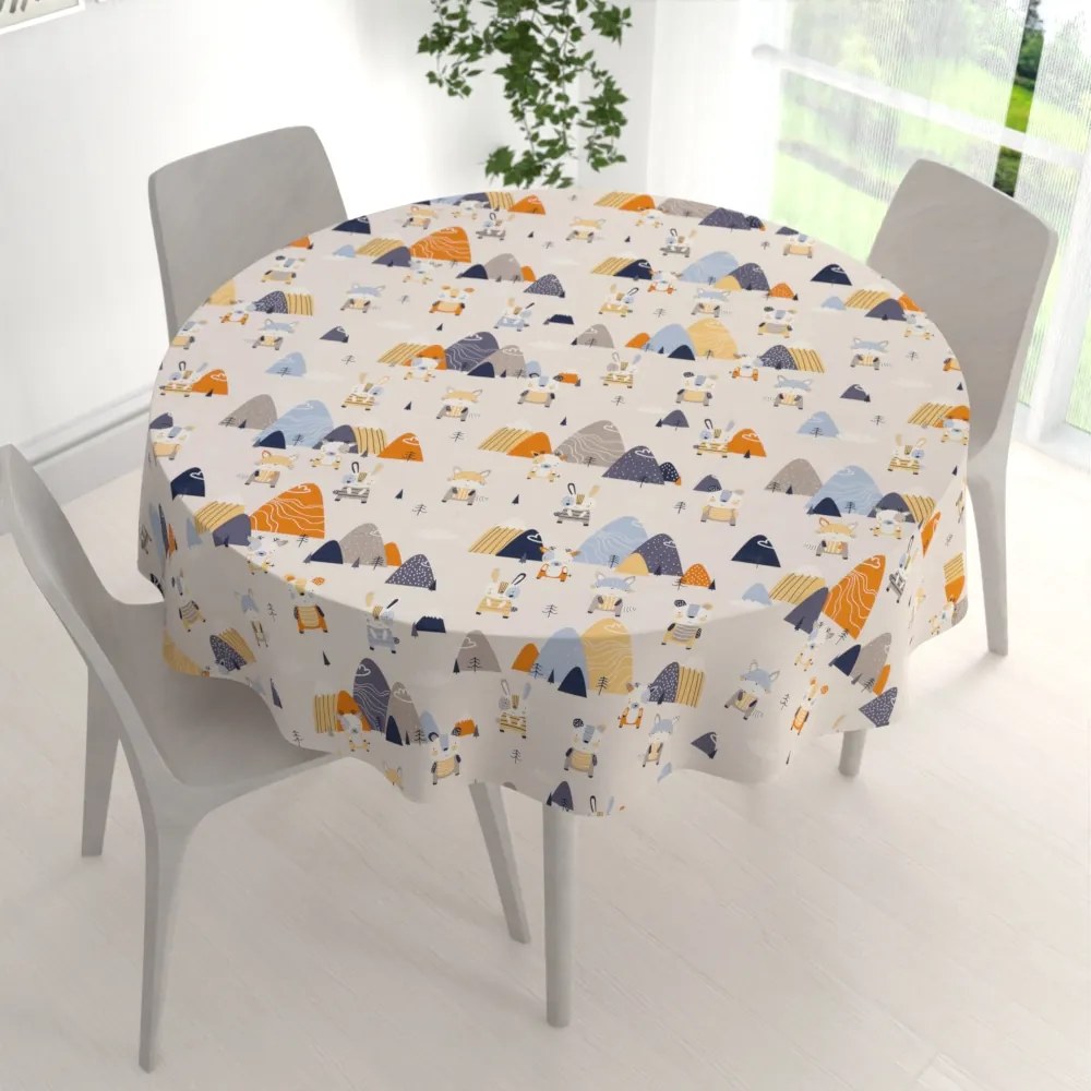 Biante Detský bavlnený okrúhly obrus Sandra SA-613 Modro-oranžové lesné zvieratká na bledo sivom Ø 70 cm