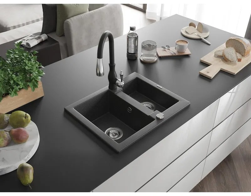 Mexen Carlos, 1,5-komorový granitový drez 582x475x177 mm a drezová batéria Savita, čierna škvrtnitá, 6518-76-672601-70