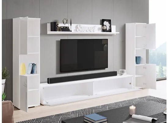 Obývacia stena Bamisio XL, Farby: biela / biely lesk, Osvetlenie: osvetlenie LED biele