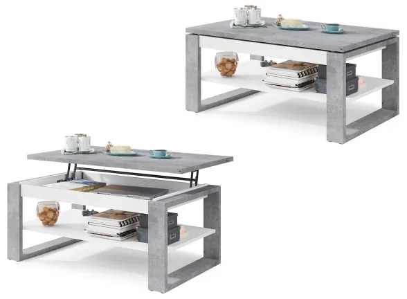 Konferenčný stôl so zdvíhacou doskou a poličkou NEA šedá betón/biela