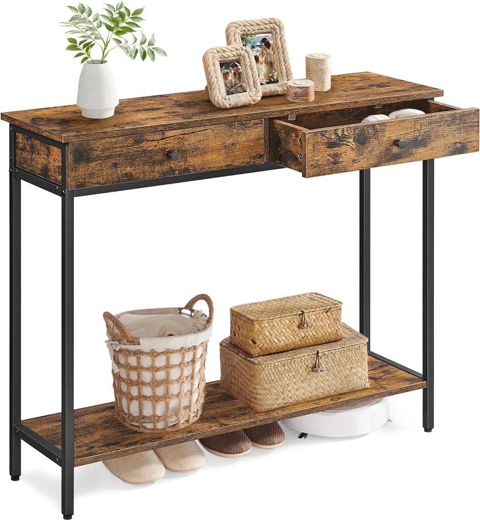 Konzolový stolík, s 2 zásuvkami, oceľový rám, 30 × 100 × 80 cm, rustikálna hnedá farba