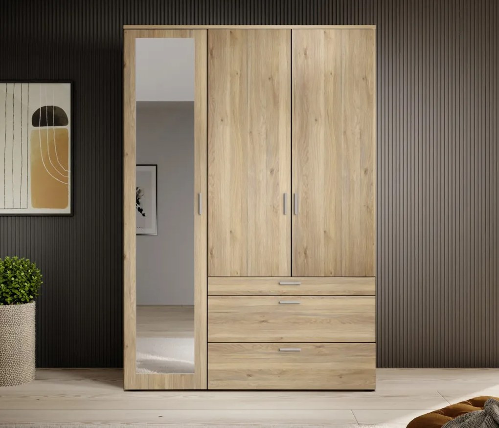 Šatníková skriňa so zrkadlom Vesala, 135 cm, dub mauvella