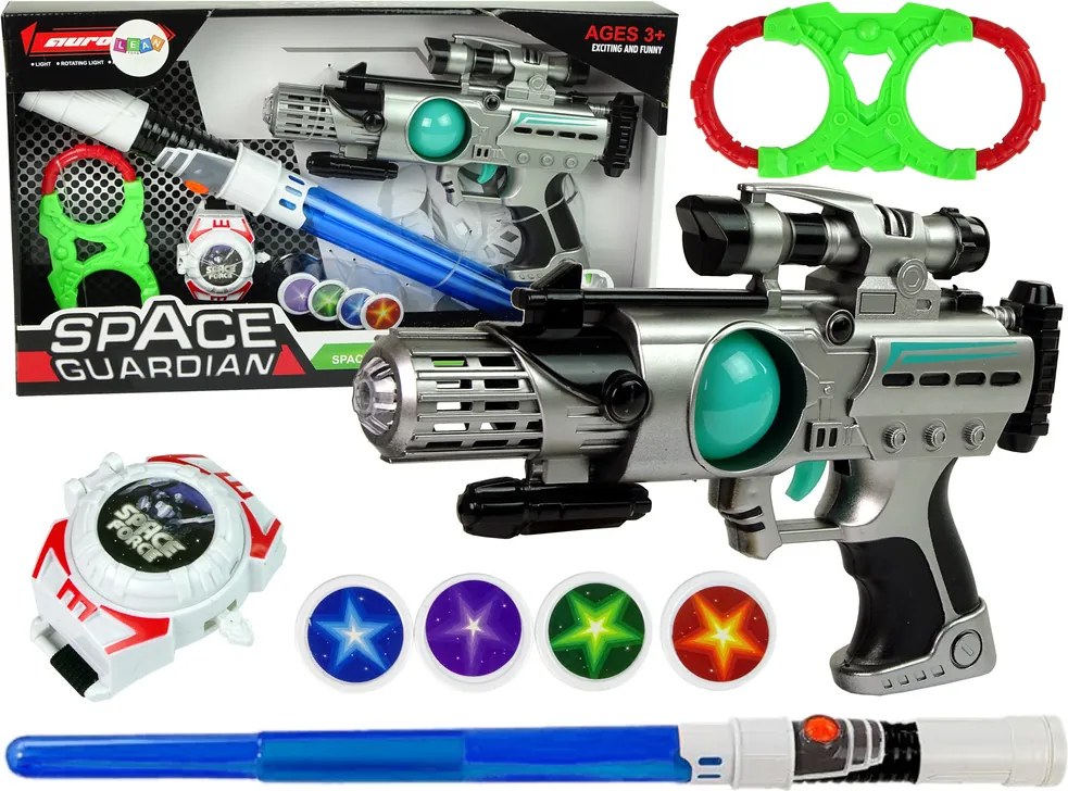 LEAN Toys Sada vesmírneho bojovníka: laserová zbraň, svetelný meč, putá, vrhač diskov