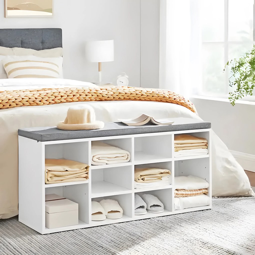 ModernHome Skrinka na topánky so sivým vankúšom, 10 bielych políc
