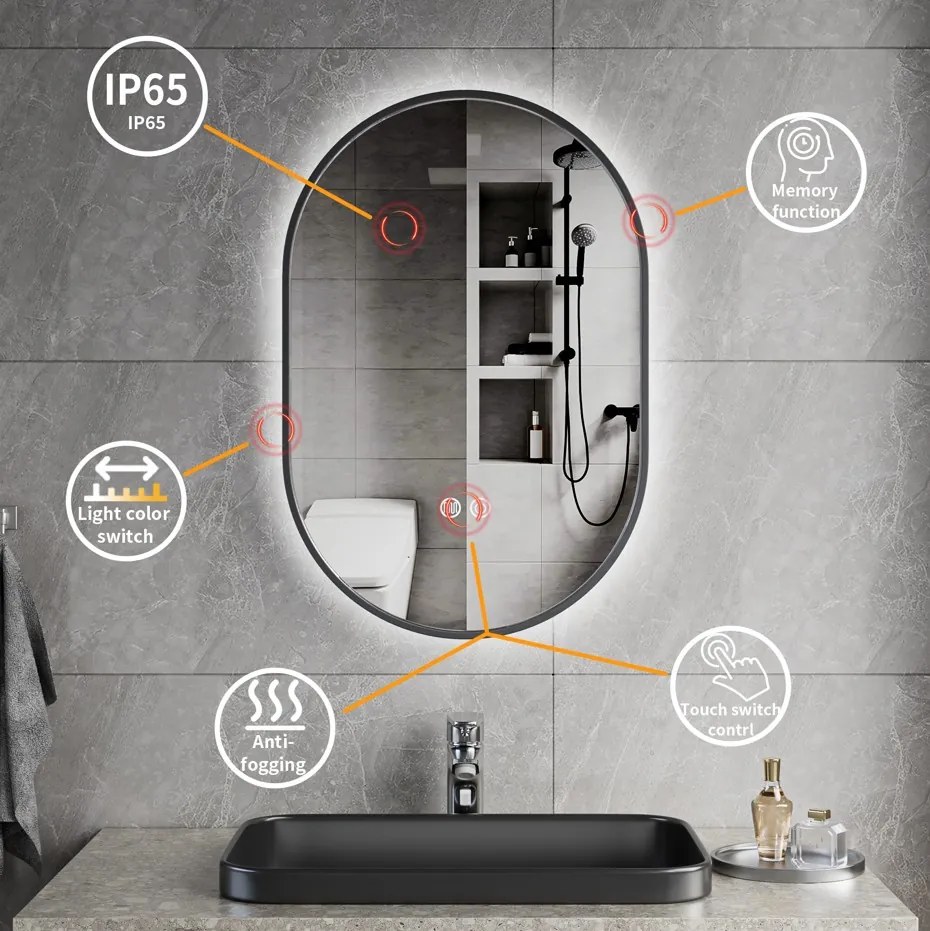 Erga Freya, oválne LED zrkadlo 40x60cm v čiernom kovovom ráme, 3 farby svetla, zadné osvetlenie, vyhrievacia podložka proti zapareniu, ERG-V01-FREYA-4060-BK