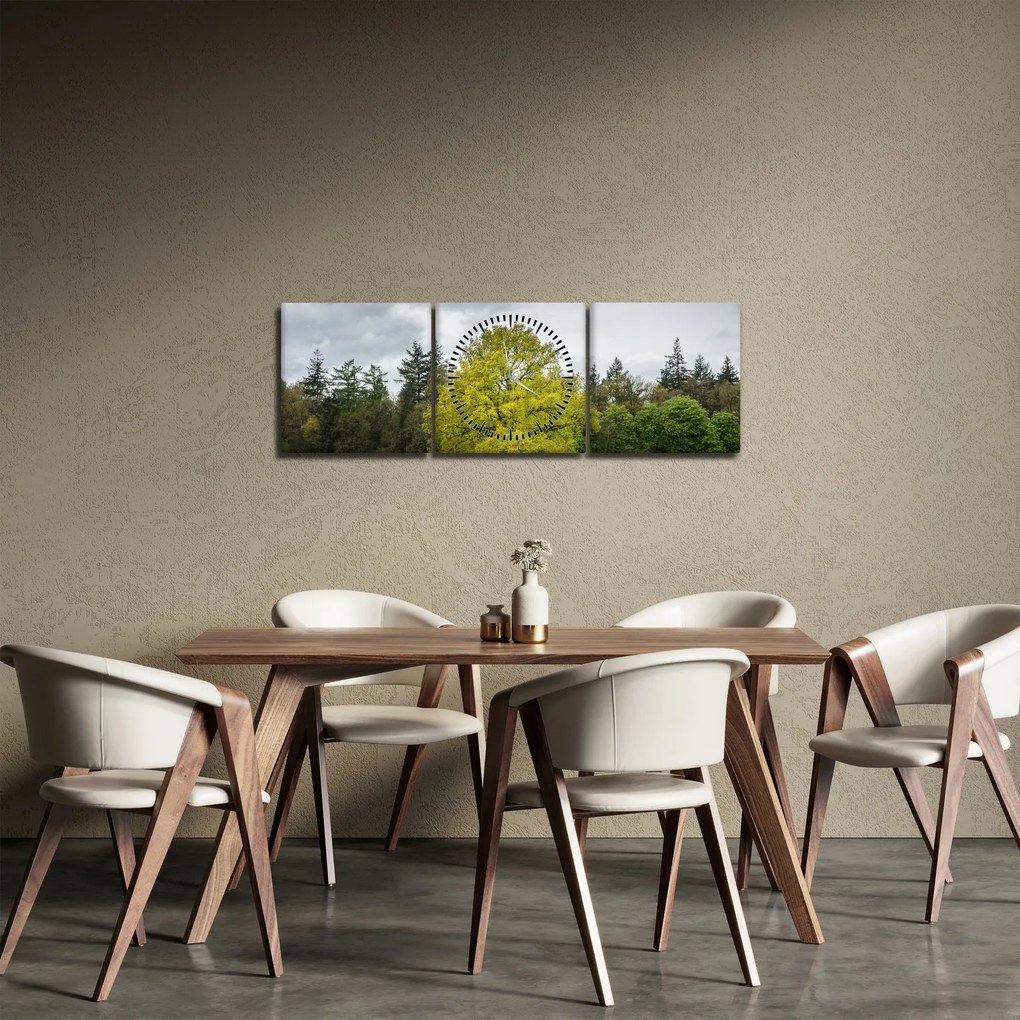 Obraz zeleného stromu uprostred poľa (s hodinami) (90x30 cm)