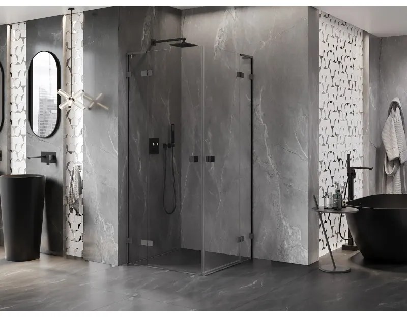Mexen Lunar L Duo výklopný sprchový kút 80 x 80 cm, 8mm číre sklo, grafitový profil, 834L-080L-080P-95-00