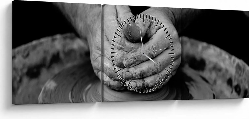 Čiernobiely obraz - výroba keramiky (s hodinami) (90x30 cm)