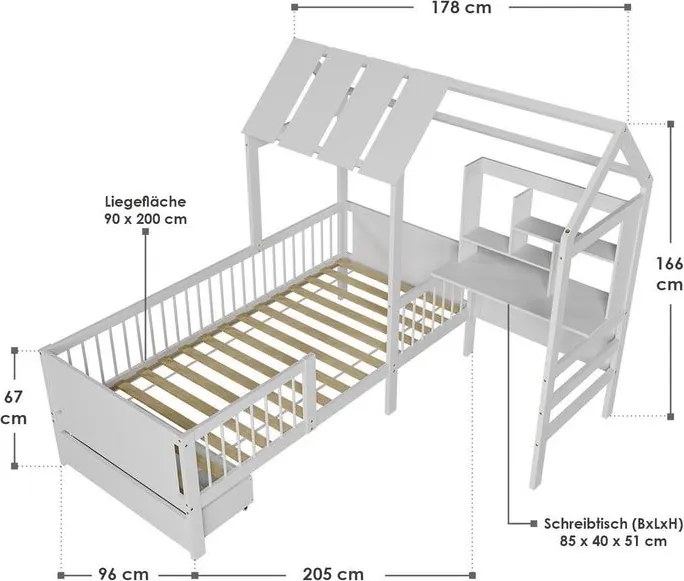 Biela detská posteľ domček s úložným priestorom a stolom