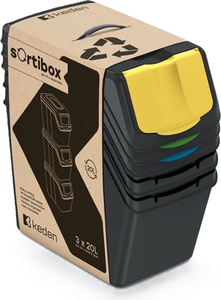 PROSPERPLAST Sada 3 odpadkových košov SORTIBOX II z recyklovaného materiálu, čierna, objem 3×25 l