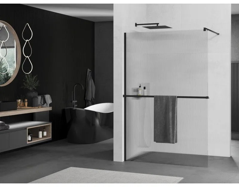 Mexen Kioto, sprchová zástena s poličkou a vešiakom na uteráky 140 x 200 cm, 8mm sklo s rebrovým vzorom, čierny profil, 800-140-121-70-09