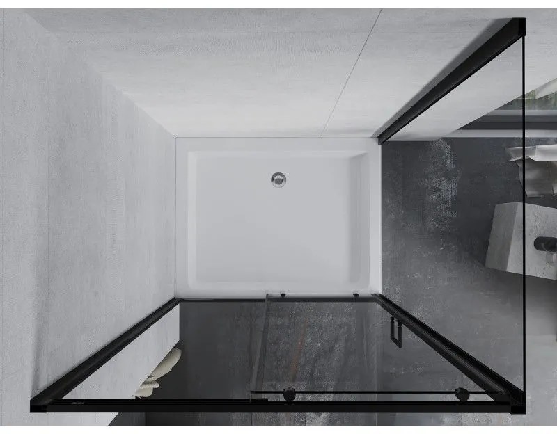 Mexen Apia, sprchový kút s posuvnými dverami 120 (dvere) x 90 (stena) cm, 6mm číre sklo, čierny profil + biela sprchová vanička RIO, 840-120-090-70-00-4510