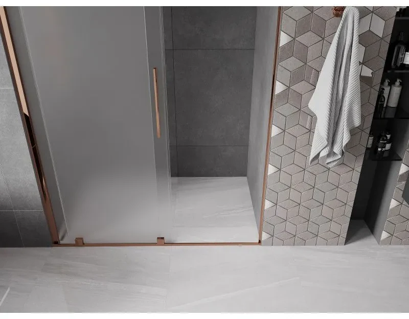 Mexen Velar, posuvné sprchové dvere do otvoru 130 cm, 8mm sklo námraza, ružové zlato, 871-130-000-31-60