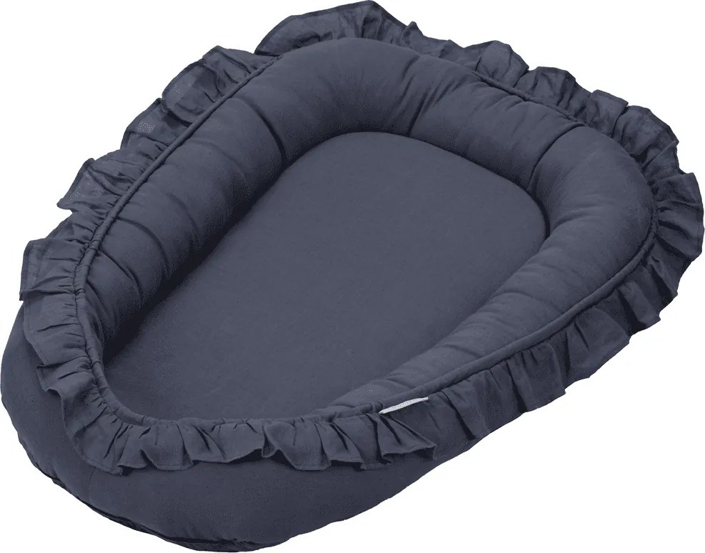 Ľanové hniezdo pre bábätko s volánom džínsová