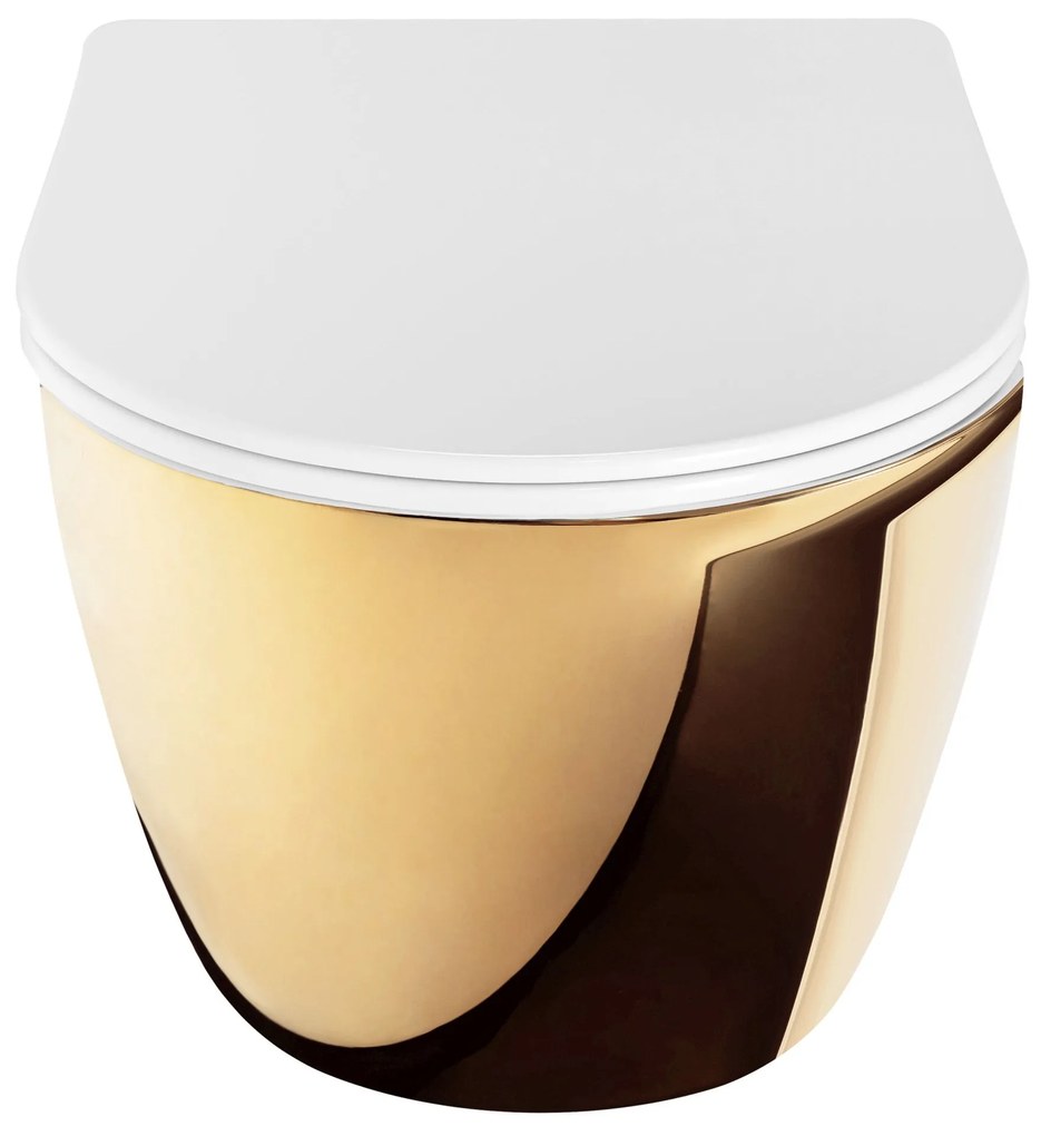 Rea Carlo Mini Tornado, závesná WC misa 490x355x350mm + toaletné sedadlo, biela-zlatá, REA-C6006