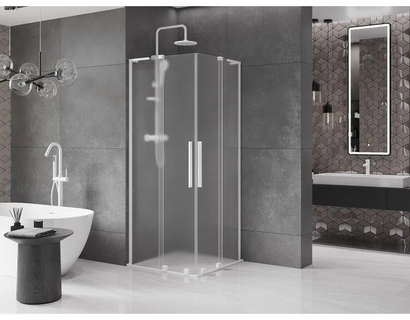 Mexen Velar L Duo, sprchový kút s posuvnými dverami 80 x 80 cm, 8mm sklo námraza, biela matná, 871-080-080-02-33-20