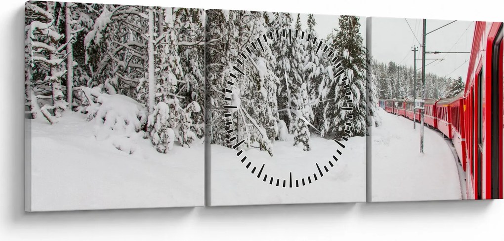 Obraz - Vlak v zasneženej krajine (s hodinami) (90x30 cm)