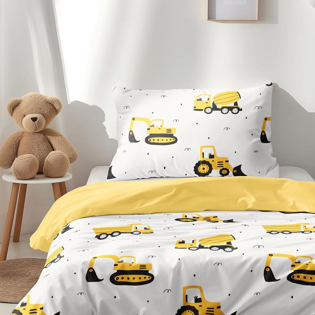 Goldea detské bavlnené obliečky duo - bagre a stavebné autá so žltou 140 x 200 a 70 x 90 cm