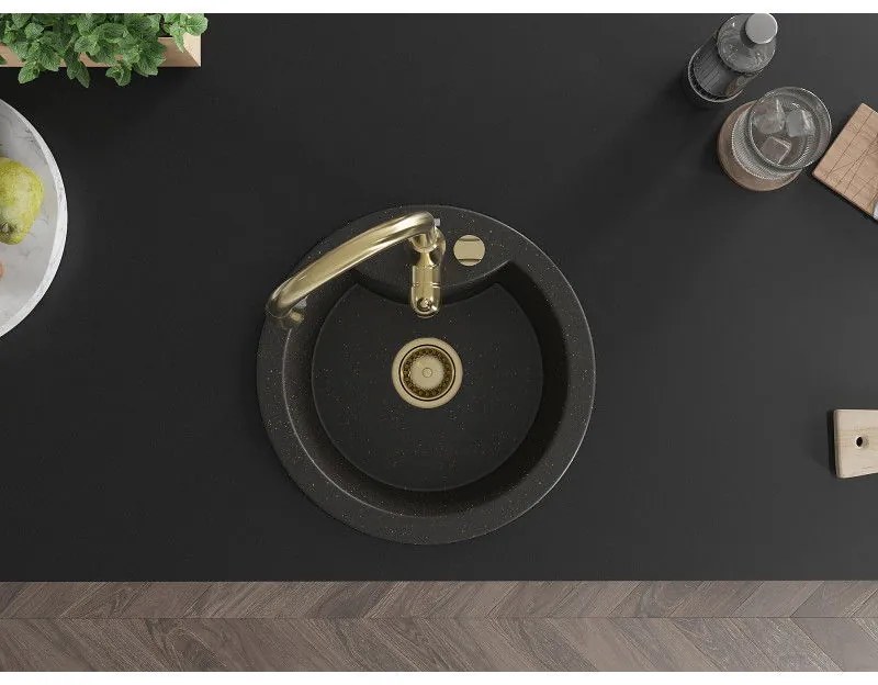 Mexen Diego, 1-komorový granitový drez 488x488x167 mm a drezová batéria Savita, čierna-zlatá metalíza, 6512-75-672601-50
