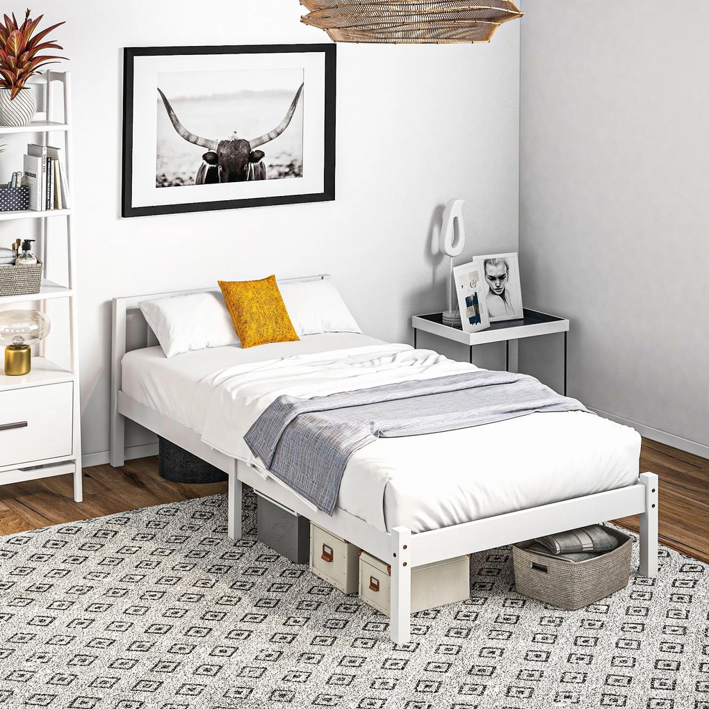 HOMCOM Postelový Rám Drevená Postel s Latami, 208 x 96 cm s Čelom, Jednolôžkový Rám na Postel do Spálne, Biela | Aosom