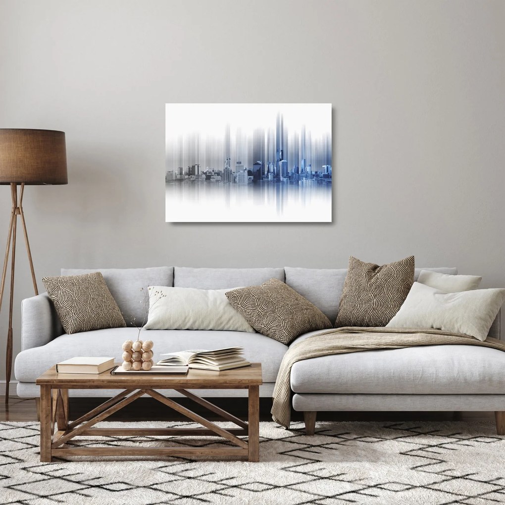 Sklenený obraz - Panoráma mesta, modro-šedé (70x50 cm)