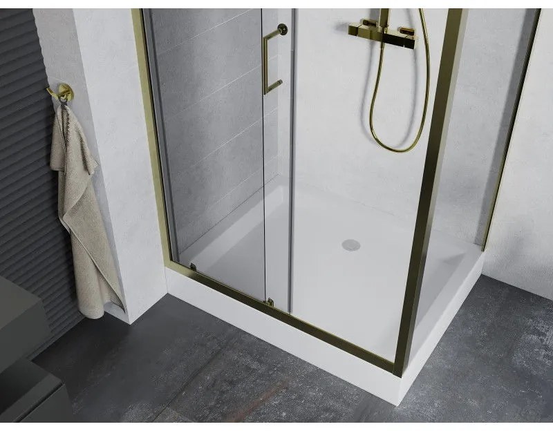 Mexen Apia, sprchový kút s posuvnými dverami 100 (dvere) x 80 (stena) cm, 6mm číre sklo, zlatý profil + biela sprchová vanička RIO, 840-100-080-50-00-4510