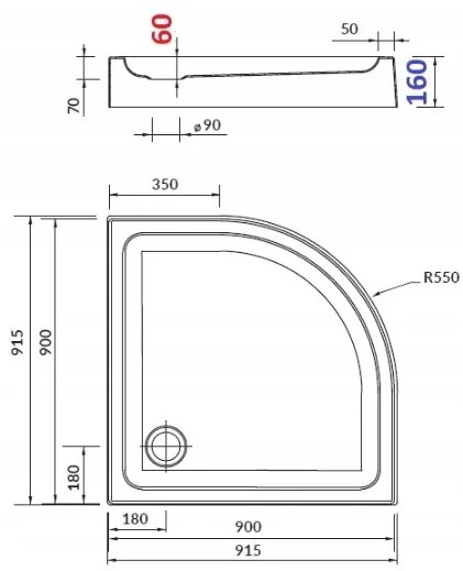 Cersanit Arteco, štvrťkruhový sprchový kút 90x90x190 cm, 5mm číre sklo, chrómový profil + sprchová vanička Tako, S601-114