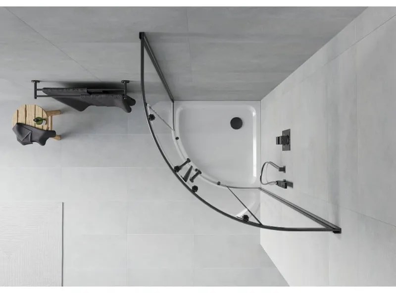 Mexen Rio, štvrťkruhový sprchovací kút s posuvnými dverami 90 x 90 cm, 6mm číre sklo, čierny profil + biela sprchová vanička, 863-090-090-70-00-4110B