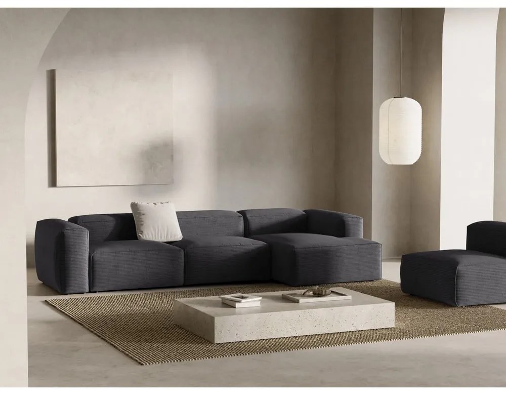 Tmavosivá menčestrová rohová pohovka (pravý roh/s leňoškou) Bergamo – Cosmopolitan Design