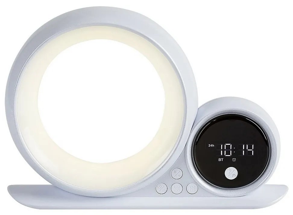 Rabalux 76109 dekoratívna stolná lampa Wakeway, s reproduktorom, RGB, hodinami a budíkom