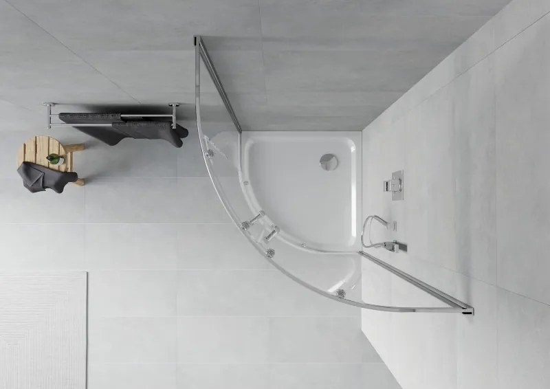 Mexen Rio sprchovací kút polkruhový 90 x 90 cm, transparentný, chróm + vanička Flat, biely - 863-090-090-01-00-4110