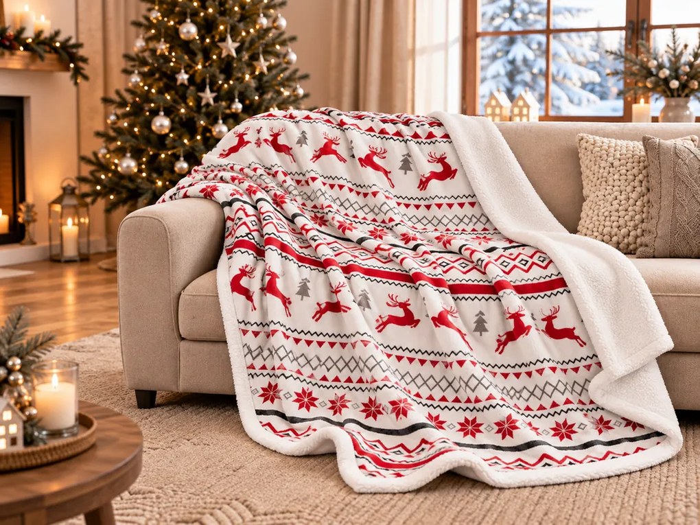 Vianočná biela baránková deka z mikroplyšu RETRO CHRISTMAS Rozmer: 200 x 220 cm