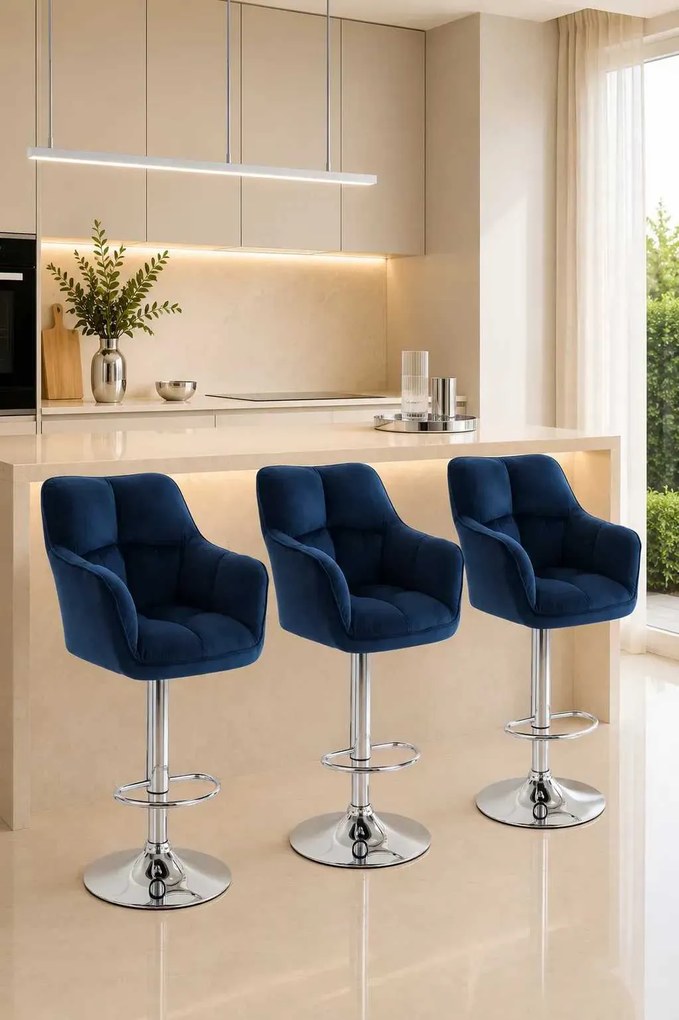 LuxuryForm DESIGN Barová stolička AMALFI VELUR na striebornom tanieri - modrá
