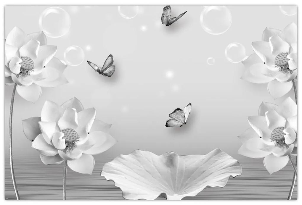 Obraz - Kvetinový dizajn s motýlikmi (90x60 cm)