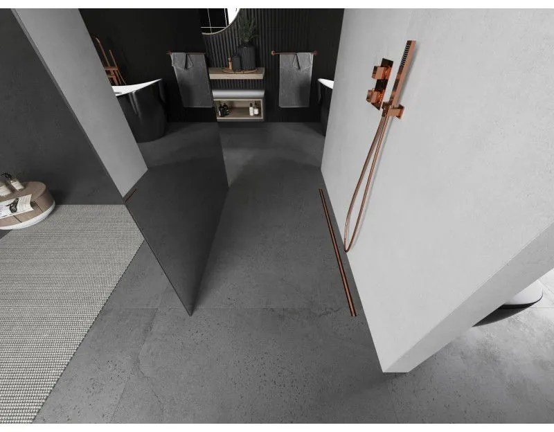 Mexen Kioto, sprchová zástena Walk-In 100 x 200 cm, 8mm sklo vzor zrkadlo, medený matný profil, 800-100-002-65-50