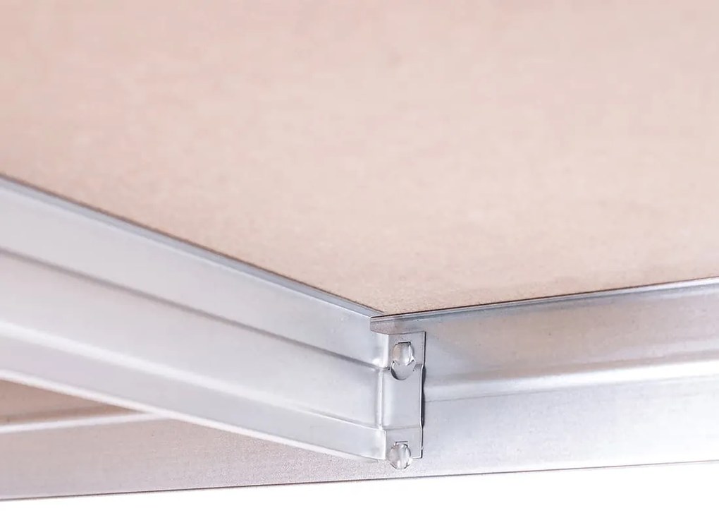 Bezskrutkový kovový regál RIVET CORNER PACK 180x210x240x45 cm, 4x HDF polica, zinok