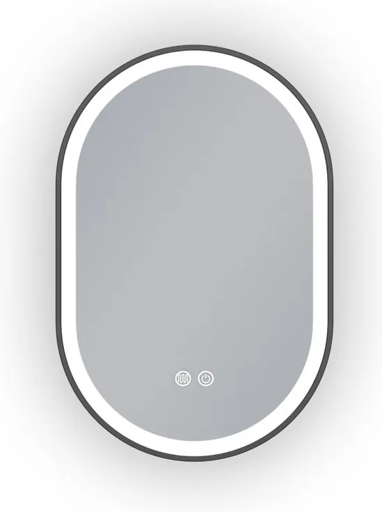 Erga Gwen, oválne LED zrkadlo 40x60cm v čiernom kovovom ráme, 3 farby svetla, predné osvetlenie, vyhrievacia podložka proti zapareniu, ERG-V01-GWEN-4060-BK