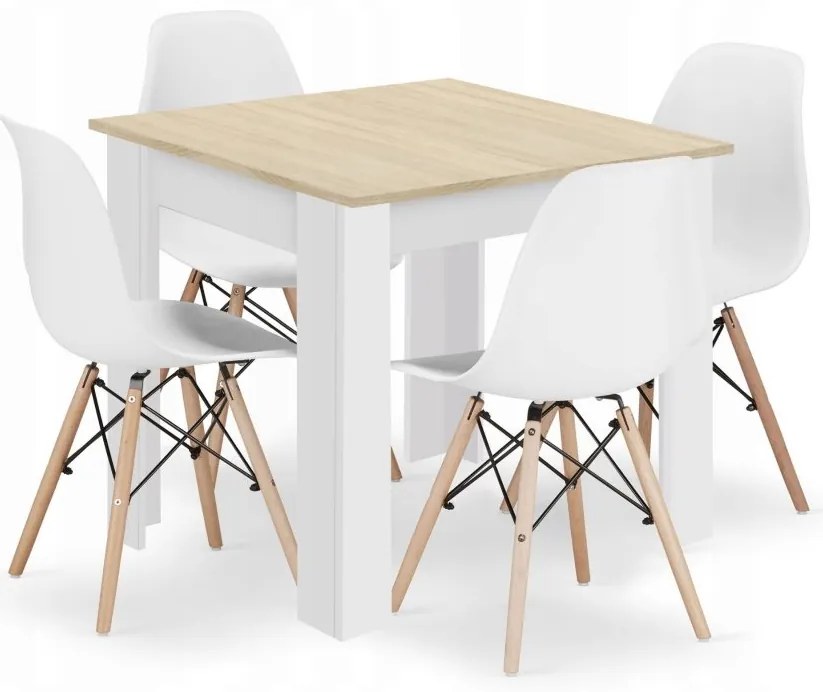 Jedálenská zostava stôl Dub sonoma/ biele nohy 80 X 80 hnedé nohy + 4 stoličky OSAKA biele/ prírodné nohy