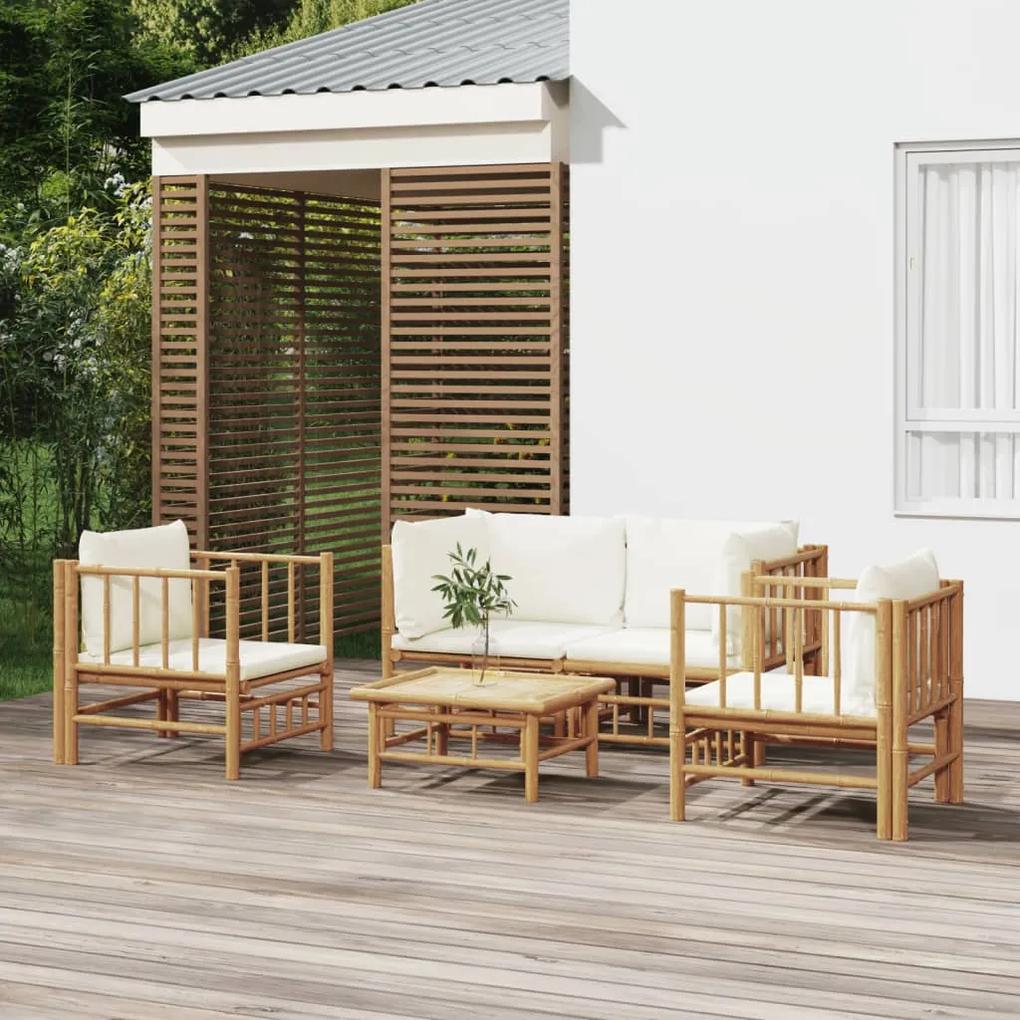 5-dielna záhradná sedacia súprava krémovo-biele vankúše bambus 3155185